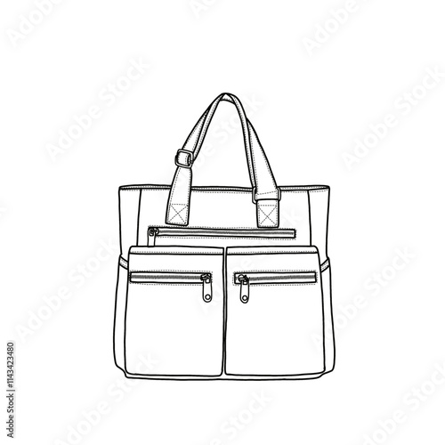 Tote bag waterproof multiple pockets shoulder bag, handbag for women and men line art. Vector illustration of top handle bag icon line isolated on a white background