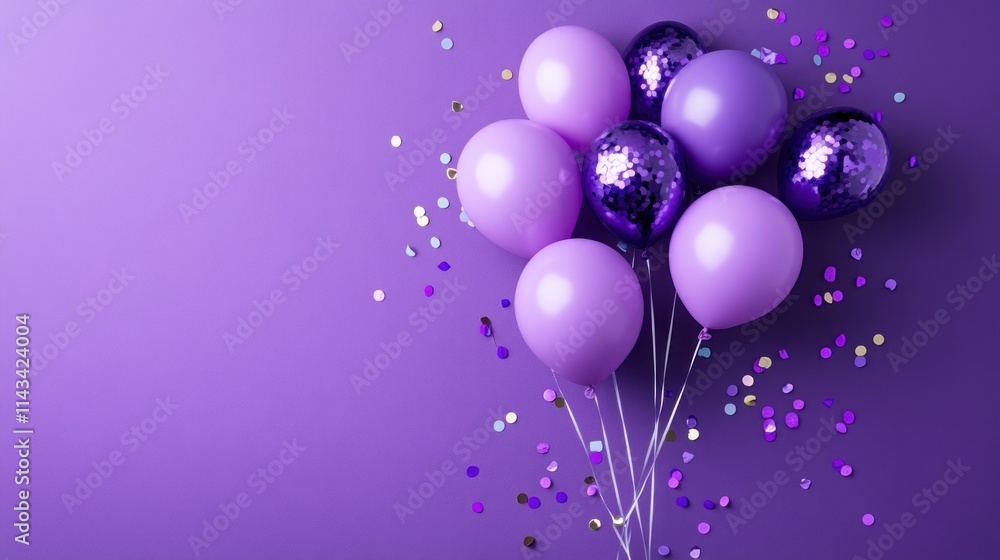 A stylish 3D design featuring purple balloons with a surprise element, surrounded by confetti and luxury violet accents, ideal for a Happy Birthday or anniversary party invitation. A stylish 3D design featuring purple balloons with a surprise element, surrounded by confetti and luxury violet accents, ideal for a Happy Birthday or anniversary party invitation.