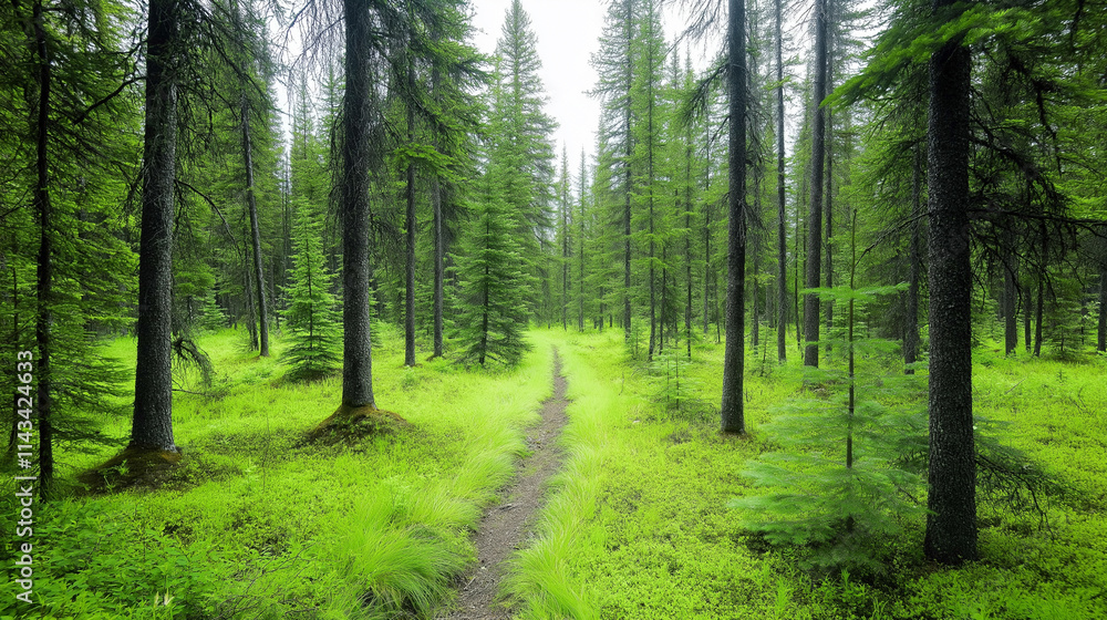 a dense boreal forest with evergreen trees. a dense boreal forest with evergreen trees.