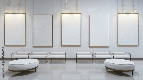 Elegant art gallery with white blank wall frame mockup, minimalist seating, and soft, diffused lighting.