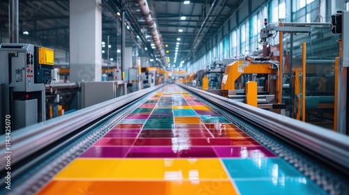 A vibrant and busy floor tile production line, with colorful tiles on a conveyor belt, being shaped and processed by automated equipment in a modern, efficient factory. © WITTAYA  ANGMUJCHA