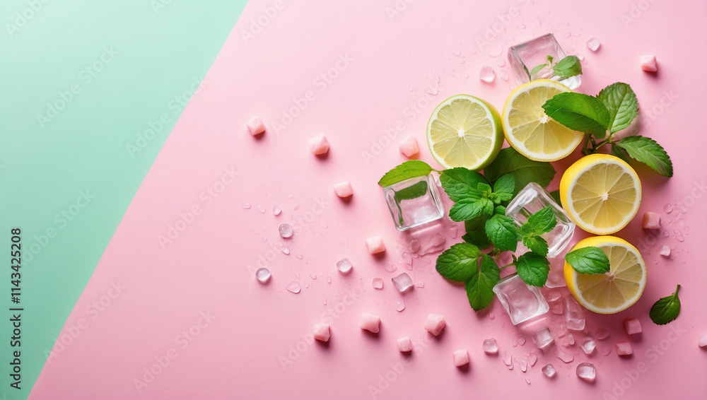 mint leaves whole and sliced limes halves of lemon ice cubes and water drops on pastel pink background mint leaves whole and sliced limes halves of lemon ice cubes and water drops on pastel pink background