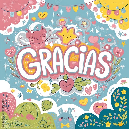 GRACIAS ( Thank you ) quote in Spanish language on light background ad, web banner greetings card, Thank you modern phrase illustration calligraphy design with kids watercolor background