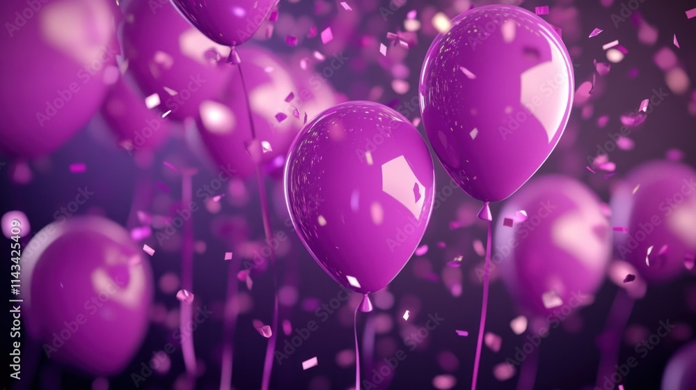 A vibrant and realistic 3D purple balloon decoration scene with confetti floating in the air, set in an abstract luxury style, perfect for a birthday party or anniversary celebration invitation. A vibrant and realistic 3D purple balloon decoration scene with confetti floating in the air, set in an abstract luxury style, perfect for a birthday party or anniversary celebration invitation.