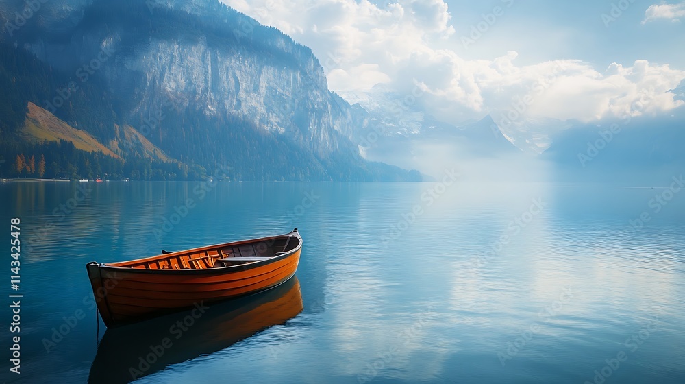Tranquil lake scene with orange boat. Concept of peace, serenity, and natural beauty. Tranquil lake scene with orange boat. Concept of peace, serenity, and natural beauty.