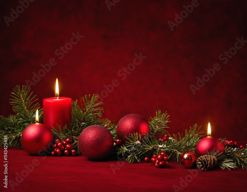 Red a background for christmas background with decoration. New year mockup for celebrating. AI Generating