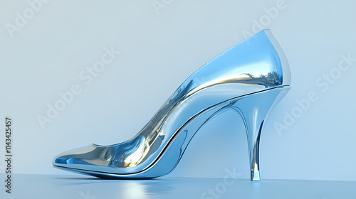 High heel shoe on the wall. 3d illustration of metallic sculpture over a white background with mild texture. blue and view. Mephitic. Illustration photo