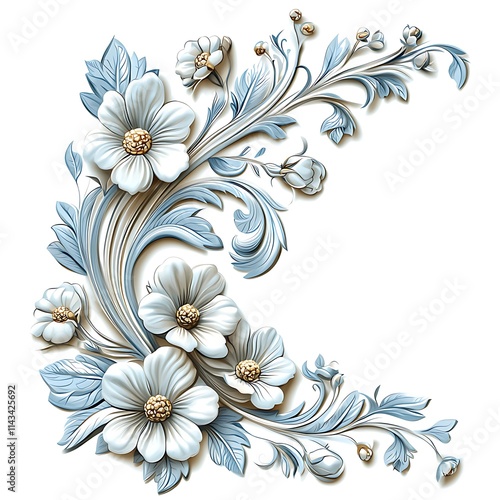 Wallpaper Mural Elegant Blue and White Floral Arrangement with Intricate Scrollwork Design. Torontodigital.ca