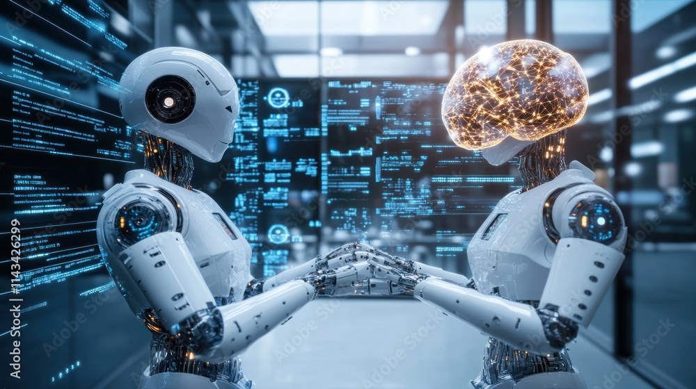 A visually captivating representation of AI future, featuring humanoid robots with intricate glowing circuits, a holographic brain, and a neural network displayed as interconnected nodes A visually captivating representation of AI future, featuring humanoid robots with intricate glowing circuits, a holographic brain, and a neural network displayed as interconnected nodes
