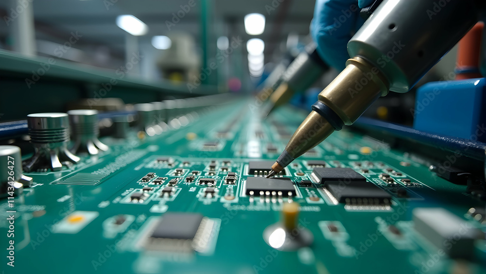 Precise robotic arms meticulously assemble microchips onto a circuit board, showcasing advanced technology and automated manufacturing. Precise robotic arms meticulously assemble microchips onto a circuit board, showcasing advanced technology and automated manufacturing.