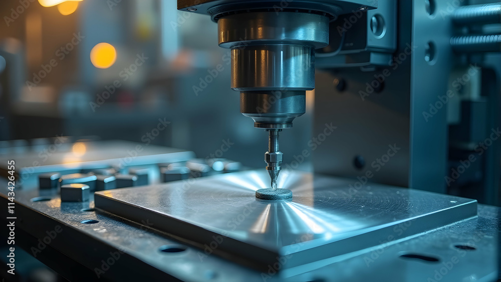 Precise metalworking: A close-up view of a CNC machine meticulously crafting a component. The intricate details and gleaming surface highlight the precision of modern manufacturing. Precise metalworking: A close-up view of a CNC machine meticulously crafting a component. The intricate details and gleaming surface highlight the precision of modern manufacturing.