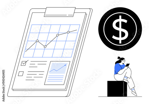 Financial chart on clipboard, dollar sign, woman using tablet. Ideal for financial planning, investment, budgeting, economic growth, business strategy data analysis education. Line metaphor
