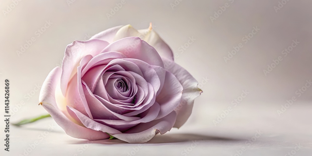 Obraz premium A delicate, pale purple rose with soft petals unfolding against a neutral white background , purple, nature, purple