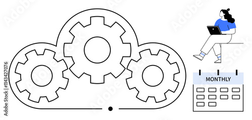 Woman sitting with laptop, overseeing cloud computing gears and monthly calendar. Ideal for project management, cloud services, scheduling, productivity apps, tech industry, teamwork, digital