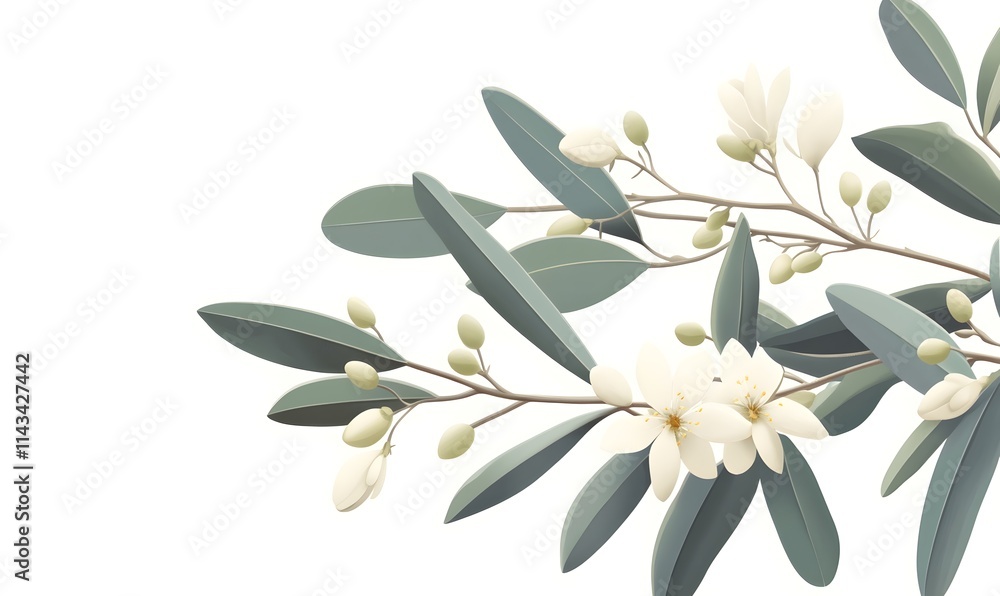 Olive branch with flowers, buds and leaves on white background. Olive branch with flowers, buds and leaves on white background.