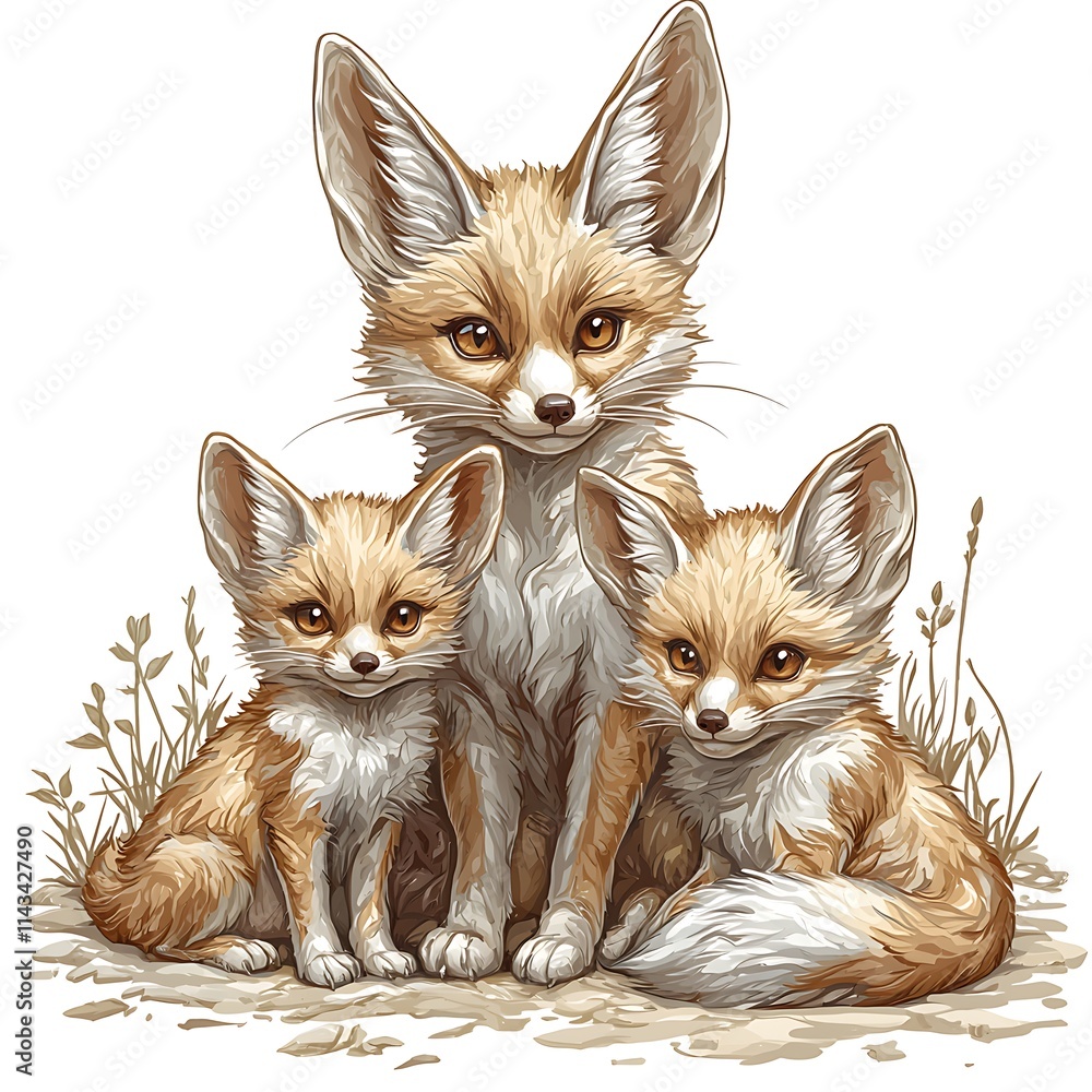 Obraz premium A Family of Fennec Foxes Mother and Two Kits Huddled Together in Their Desert Habitat.