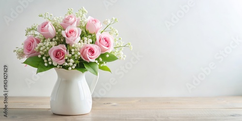 Wallpaper Mural Soft pink roses and lily of the valley blooming in a simple white vase on a minimalist table, lily bouquet, pink flowers Torontodigital.ca