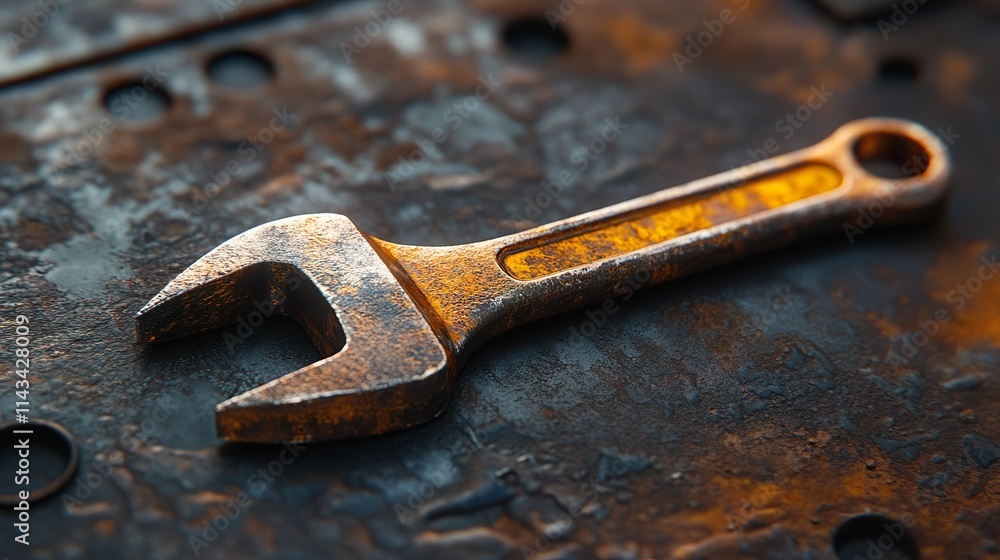 Rusty Wrench on Weathered Metal: A Close-Up Rusty Wrench on Weathered Metal: A Close-Up