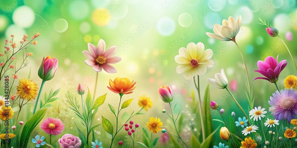 Vibrant blooming flowers in the foreground with a soft pastel green background and a subtle gradient effect , spring doodles background, nature inspired Vibrant blooming flowers in the foreground with a soft pastel green background and a subtle gradient effect , spring doodles background, nature inspired