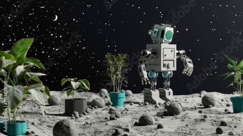 A futuristic robot stands on a moon-like surface, tending to potted plants beneath a vibrant starry sky, evoking themes of technology and extraterrestrial exploration. AI generated. photo