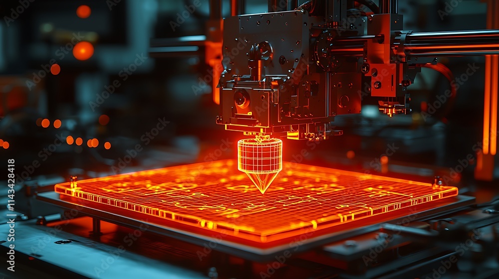 Advanced 3D Printer Creating a Glowing Orange Object Advanced 3D Printer Creating a Glowing Orange Object