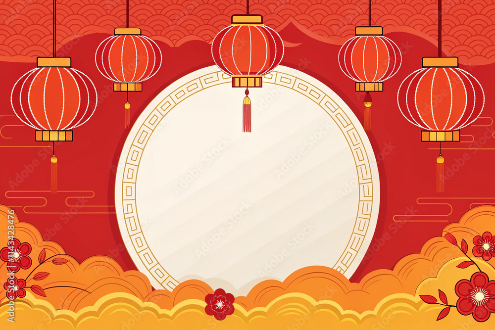 Naklejka premium 3D Chinese New Year Celebration with Red Curtain Background