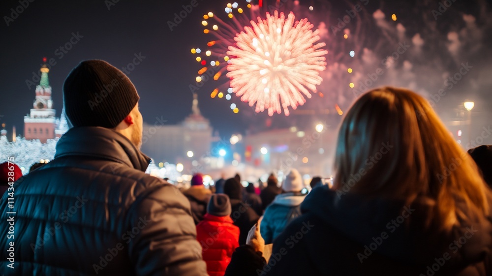 Couple watching fireworks display at night. Couple watching fireworks display at night.