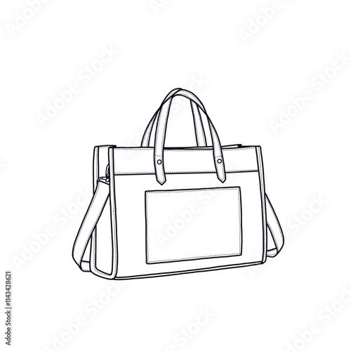 Handbags for women, tote bags, laptop bags, and shoulder bags for travel line art. Flat sketch fashion illustration drawing template mock-up, front, and side view, isolated on a white background