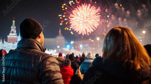 Couple watching fireworks display at night.