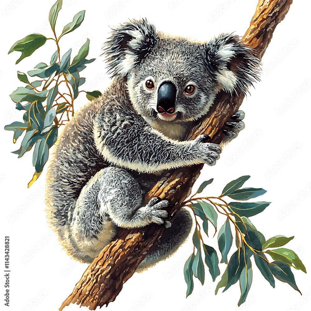 Obraz premium A charming koala bear clinging to a eucalyptus branch, depicted in a vibrant watercolor painting style.