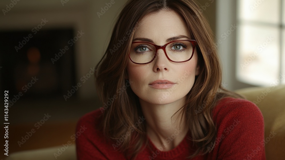 Elegant Woman with Glasses in Cozy Setting Elegant Woman with Glasses in Cozy Setting