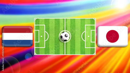 Netherlands and Japan flag on soccer field with ball.Football match concept against multicolored abstract background.Copy space for text. photo