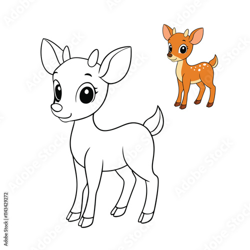 A delightful coloring page featuring a small, adorable deer standing gracefully in a woodland setting. Perfect for kids and adults to bring to life with vibrant colors!