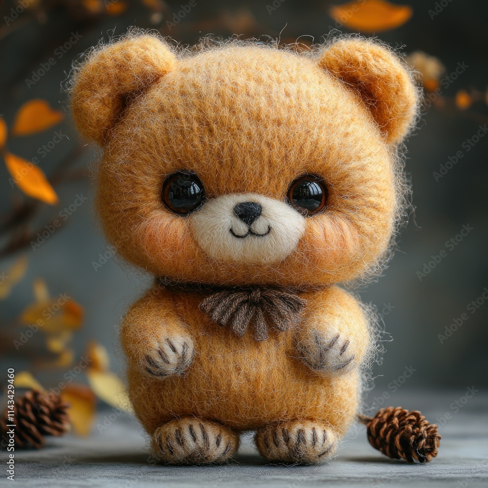 A cute, handcrafted felt bear figurine adorned with a bow, set against a natural background. A cute, handcrafted felt bear figurine adorned with a bow, set against a natural background.