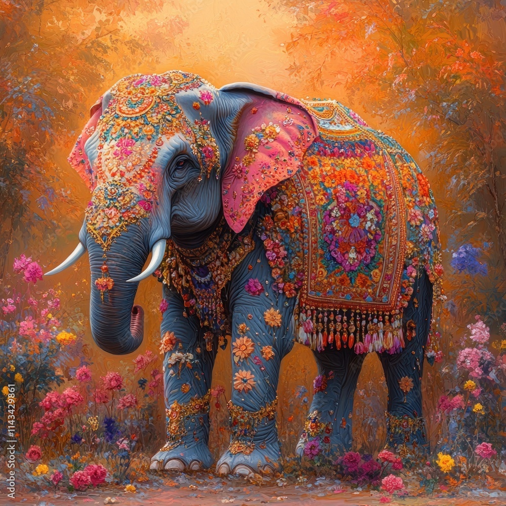 Obraz premium Majestic Elephant with Indian Decorations in Watercolor