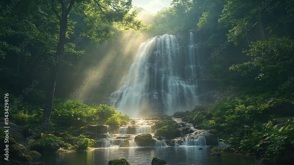 Sunlit waterfall cascading through lush green forest. Sunlit waterfall cascading through lush green forest.