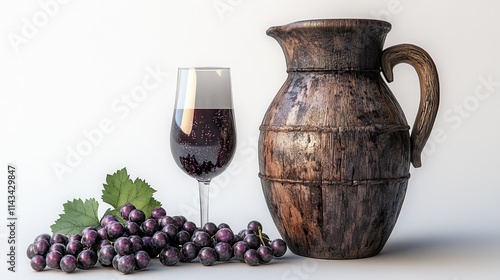 A flagon, viniferous berry and goblet of vino isolated on a blank surface. photo