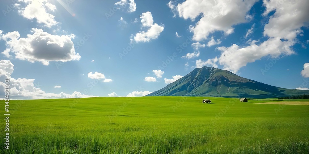 Fototapeta premium landscape Green grass, fresh grass growing in idyllic landscape with yellow dandelion flowers, nature under a blue sky, mountain landscape background