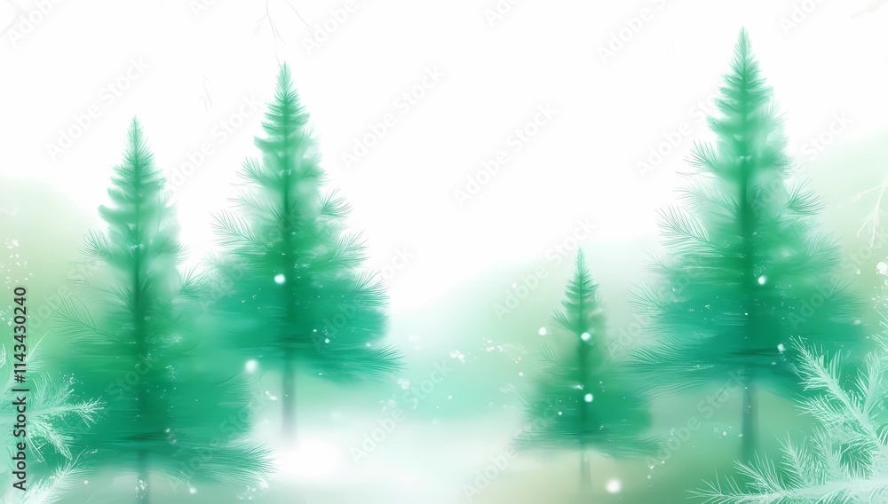 Christmas Day Background Featuring Blurred Pine Tree Silhouettes and a Gradient of Emerald Green and Icy White, with Sparkling Delicate Accents Christmas Day Background Featuring Blurred Pine Tree Silhouettes and a Gradient of Emerald Green and Icy White, with Sparkling Delicate Accents