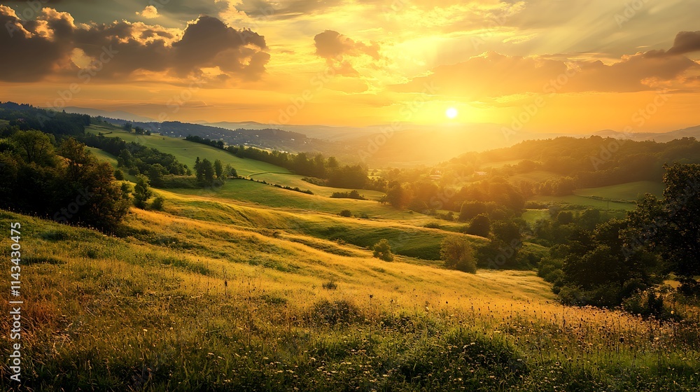 Obraz premium Golden Sunset Over Rolling Hills. Scenic Landscape at Sunrise.