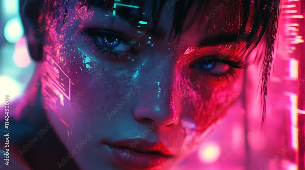Close-up portrait of a cyberpunk woman with neon makeup. Close-up portrait of a cyberpunk woman with neon makeup.