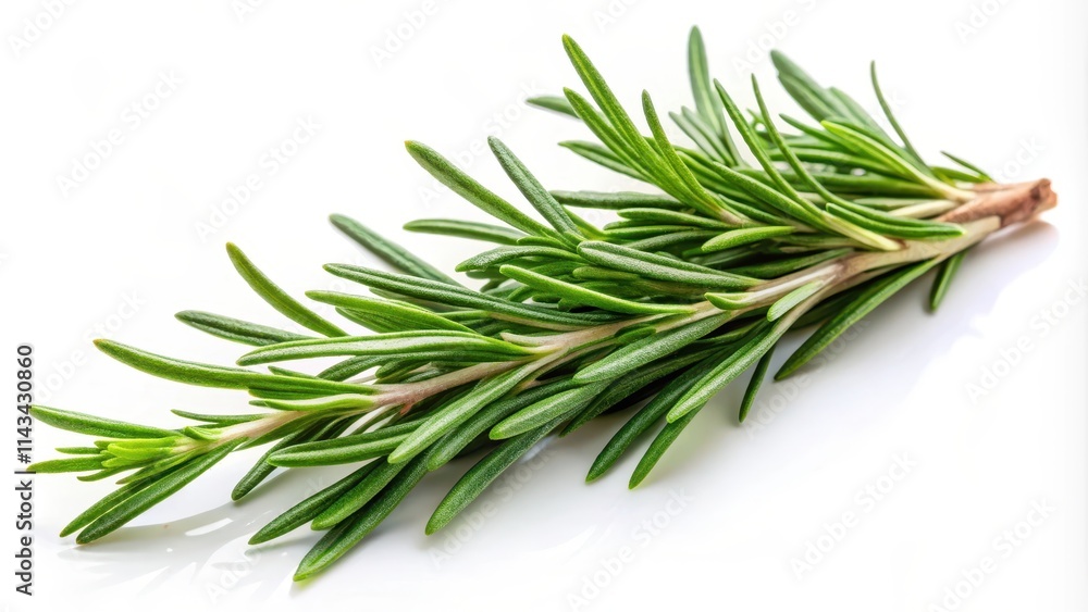 Fresh rosemary herb branch with needles and leaves isolated on a white background, showcasing its texture and color Fresh rosemary herb branch with needles and leaves isolated on a white background, showcasing its texture and color