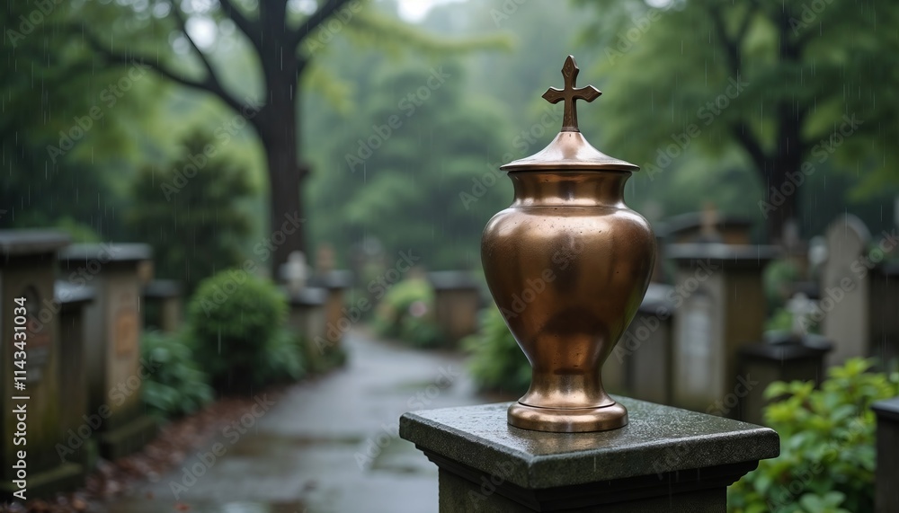 Rainy cemetery with bronze urn on stone pedestal, cross on top, blurred gravestones in background.Reflection. Solitude. Remembrance.somber mood, funeral theme, remembrance poster, calm reflection,
Rainy cemetery with bronze urn on stone pedestal, cross on top, blurred gravestones in background.Reflection. Solitude. Remembrance.somber mood, funeral theme, remembrance poster, calm reflection,