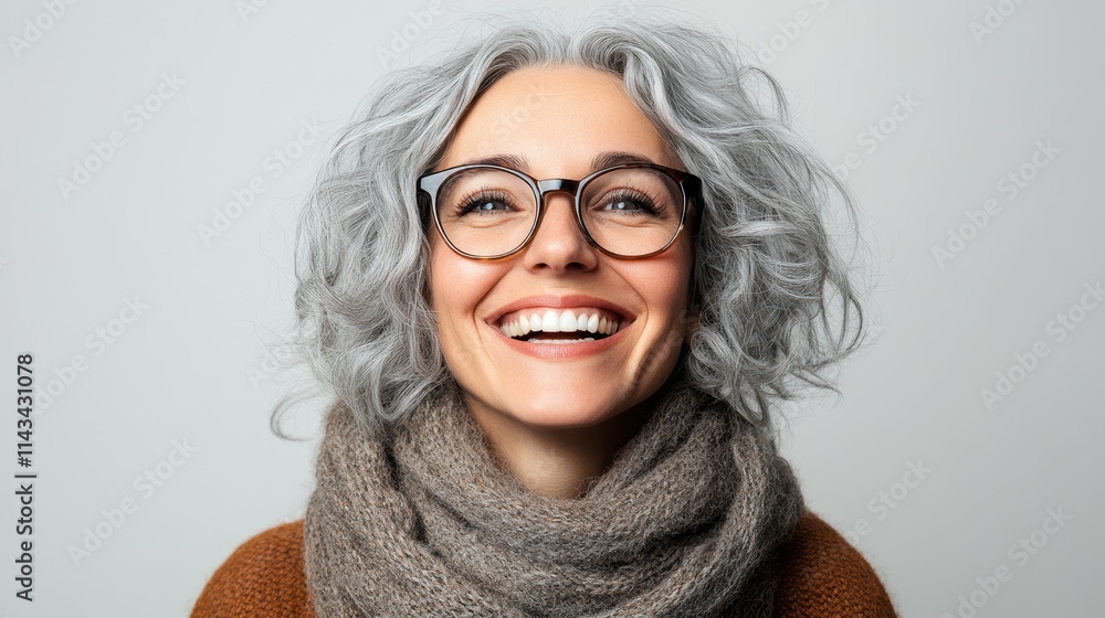 A happy woman with grey hair and glasses smiling widely, isolated on a white background A happy woman with grey hair and glasses smiling widely, isolated on a white background