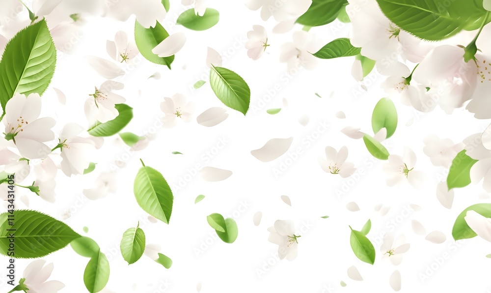 White blossoms and green leaves falling on a white background. White blossoms and green leaves falling on a white background.