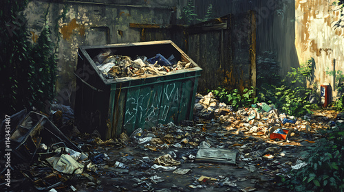 A neglected and overflowing trash dumpster, surrounded by filth and debris, emits a foul stench, conveying neglect and. Mephitic. Illustration photo