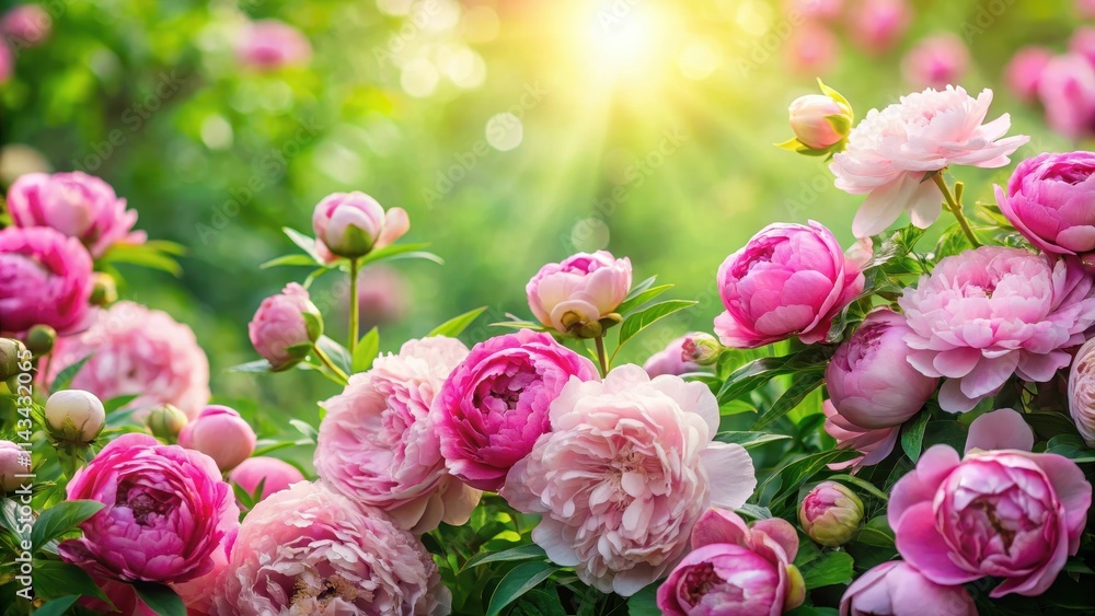 Fototapeta premium Softly glowing pink peonies and roses fill the frame amidst lush green foliage , floral, colorful, floral