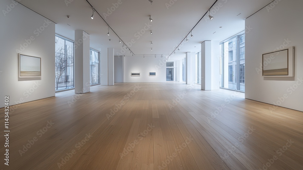 A large room with white walls and wooden floors. The room is empty and has a clean, minimalist look A large room with white walls and wooden floors. The room is empty and has a clean, minimalist look