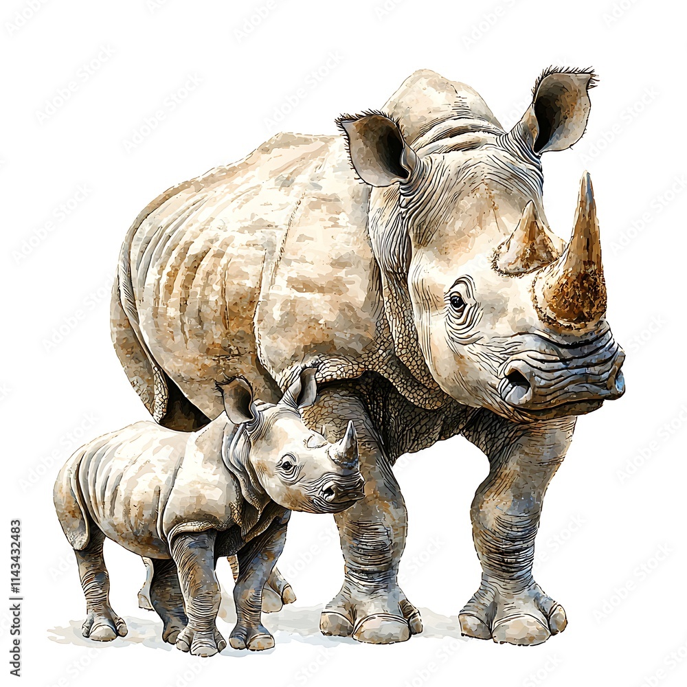 Fototapeta premium Watercolor Painting of an Adult White Rhinoceros and Calf.