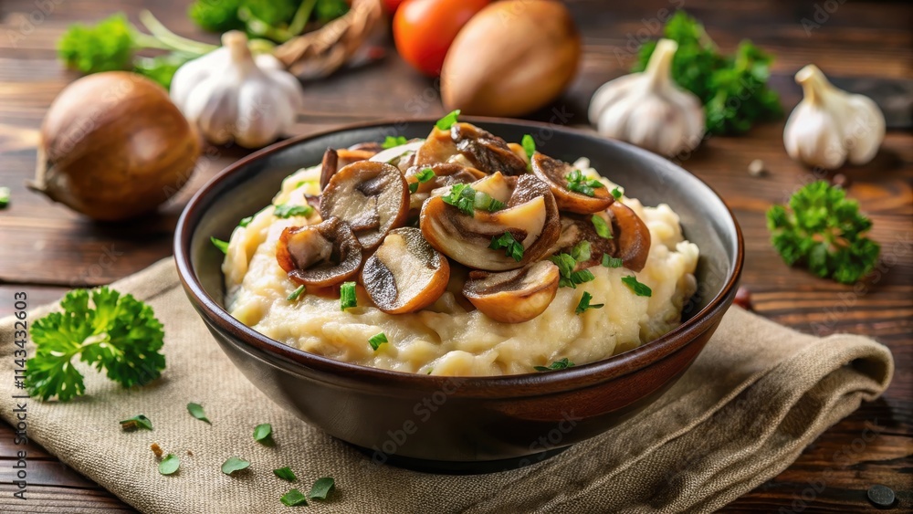 Hearty mashed potatoes with saut?ed mushrooms and onions in a savory sauce, Kartoffeln mit Pilzen gebraten Hearty mashed potatoes with saut?ed mushrooms and onions in a savory sauce, Kartoffeln mit Pilzen gebraten